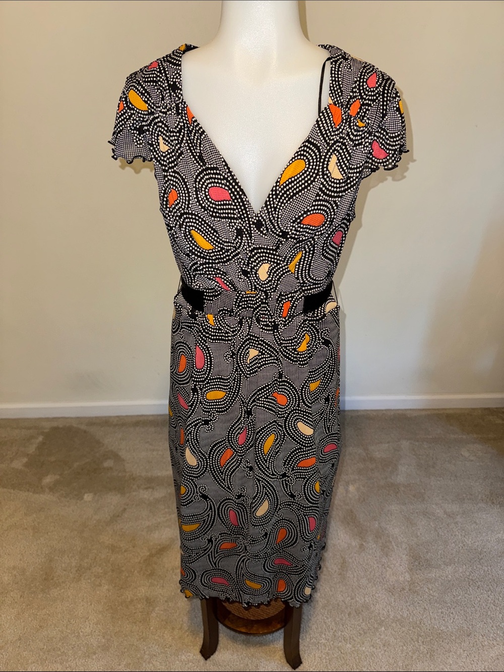 CATO Women's Black Patterned Midi Dress with Pink and Yellow Accents Size 10